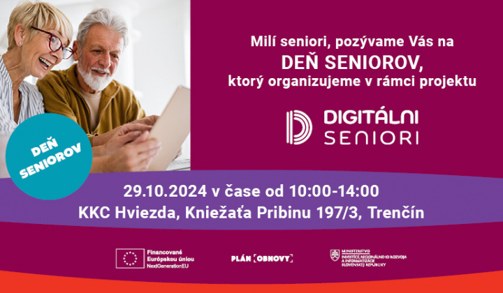 Pozvánka MIRRI SR na udalosť v štýle dňa otvorených dverí - Deň Seniorov v Trenčíne dňa 29.10. od 10:00 - 14:00 v priestoroch KKC Hviezda na ulici Kniežaťa Pribinu 197/3 v Trenčíne.